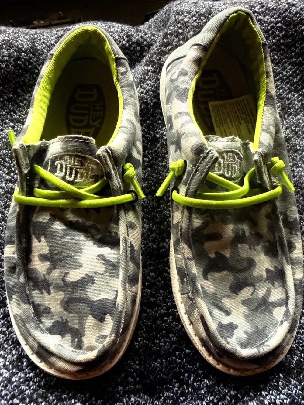 Hey Dude Kids Gray Camo Slip-On Sneakers with Lime Accents